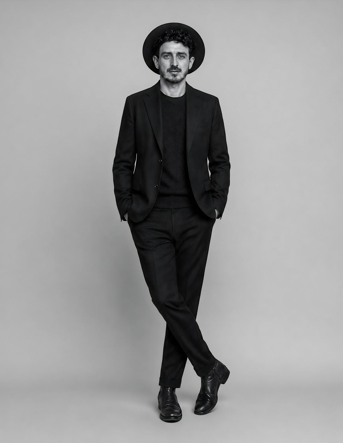 Black-and-white full-length portrait of Semjon Janzen in black suit and hat